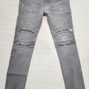 Just Cavalli DistressedLight Gray Skinny Biker Jeans w Zipper & Leather Details